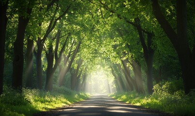 Obraz premium Sunlight beams through a canopy of trees onto a winding road in a lush forest.
