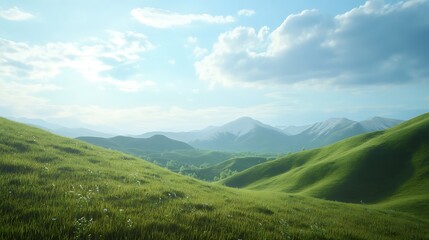 Green meadow and blue sky with white clouds.