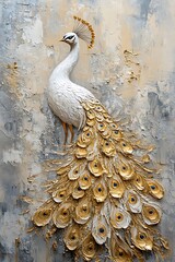 Elegant white peacock with intricate feather design set against a textured gold and gray background capturing timeless beauty and grace in artistry