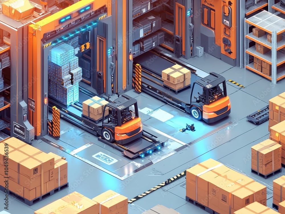 Poster automated warehouse with robot forklifts and sorting system