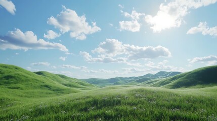 Obraz premium Green meadow and blue sky with white clouds.