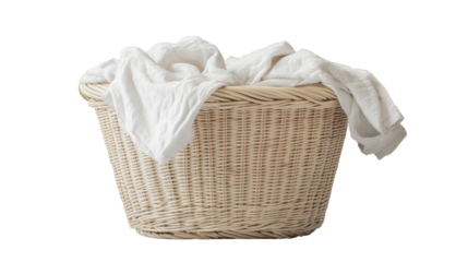 A clean, empty wicker laundry basket filled with clothes on a white background