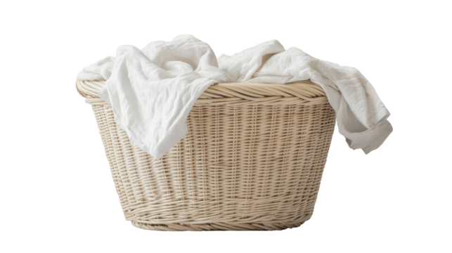A clean, empty wicker laundry basket filled with clothes on a white background