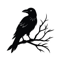 Obraz premium Halloween Raven on Branch vector silhouette with white background
