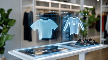 A futuristic retail display with holographic clothing in a modern store environment.