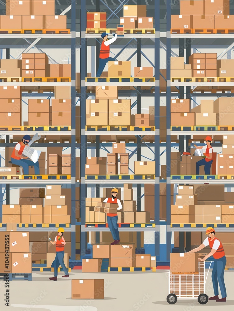 Leinwandbilder Warehouse workers are efficiently relocating boxes and pallets among tall shelves packed with various goods throughout the day. Generative AI
