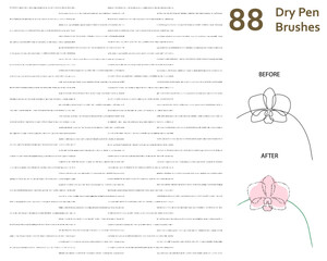 Set of 88 dry pen art brushes with unique texture for poster lettering, typography, text, font making, story book, animation/illustration. Compatible with Adobe Illustrator CS6 and above.