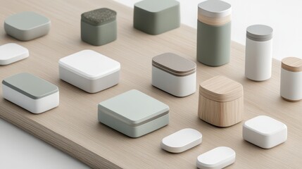 A collection of modern, minimalist storage boxes in various shapes and muted colors, arranged neatly on a wooden surface.