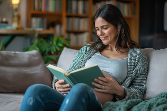 pregnancy, people and leisure concept - happy smiling pregnant asian woman sitting on sofa and reading book at home