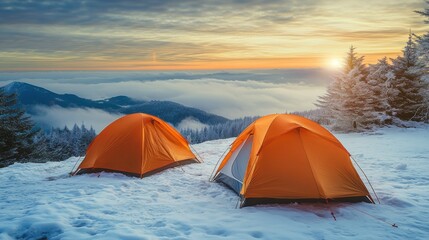 Two Orange Tents Set Against a Tranquil Snowy Mountain Landscape at Sunrise. Generative AI