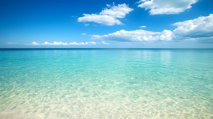 Infinite Crystal Clear Sea with Blue Sky Background with Clouds, Nature, Abstract Image, Texture, Pattern Background, Wallpaper, Cover and Screen for Smartphone, PC, Laptop, 9:16 and 16:9 Format