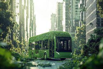 Obraz premium Eco-Friendly Electric Bus in a Green Urban Landscape