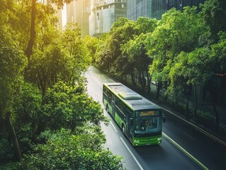 Fototapeta premium Electric Bus Driving Through Green City Landscape