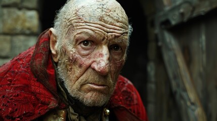 cinematic close-up portrait of aged man with scars, deep sense of history and endurance