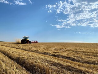 Fototapeta premium Tractor in Golden Hay Field Under Blue Sky