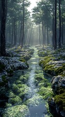 Obraz premium A serene landscape depicting a lush forest stream in dappled sunlight, surrounded by vibrant moss-covered rocks and rugged pine trees, creating a tranquil and enchanting atmosphere.