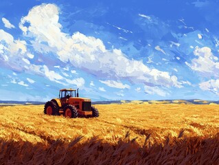 Obraz premium Tractor in Golden Hayfield Under Blue Sky