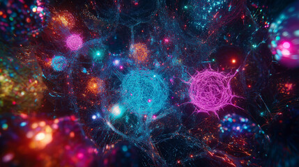 An abstract digital scene with vibrant particles and interconnected webs, representing the complexities of quantum technology, neural networks, and the microscopic world of data flow