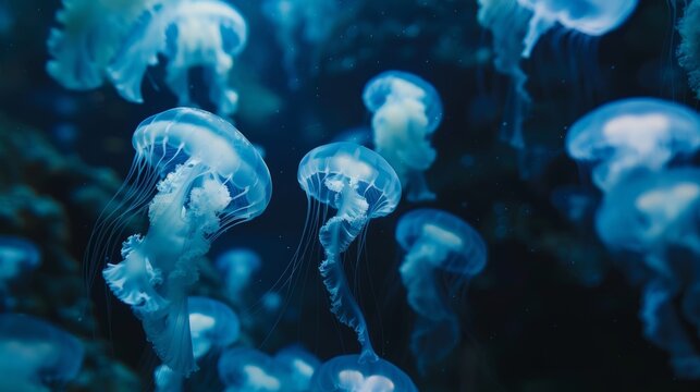A mesmerizing display of illuminated jellyfish floating in a dark moody tank of water.