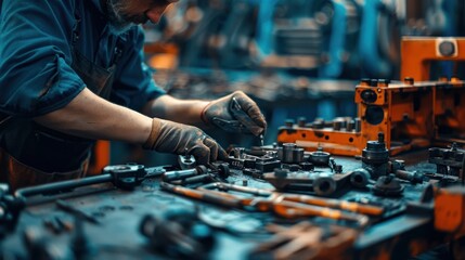 A Mechanic Working on a Machine Part in a Workshop