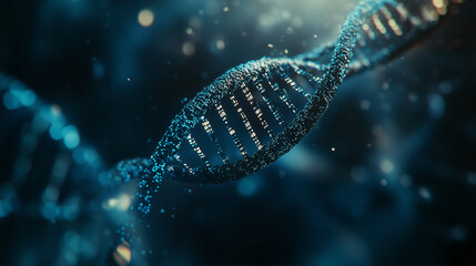 A high-tech, close-up digital rendering of a DNA strand, highlighting its intricate molecular structure with glowing particles, symbolizing genetics, biotechnology, and scientific innovation