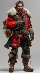 Fototapeta premium rugged man dressed in detailed red and fur-lined coat, equipped with various pouches and gear, appearance of seasoned adventurer or explorer ready for expedition