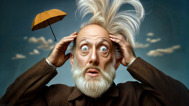elderly man is worried with a windblown combover showing his bald patch, with a flying umbrella in the background
