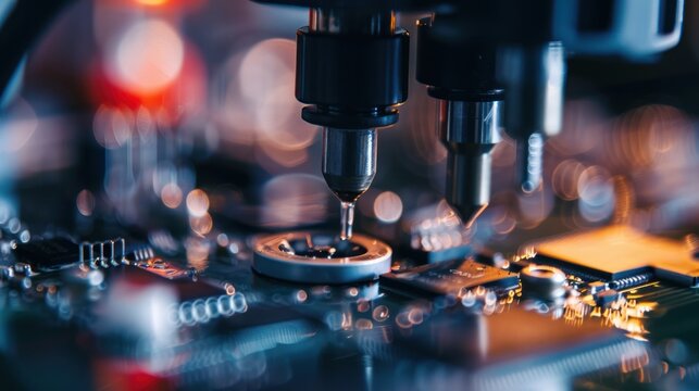 Close-up of a robotic arm dispensing liquid onto a circuit board