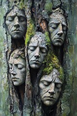 Fototapeta premium Intricate faces emerge from tree bark a stunning representation of nature's spirit and humanity's connection with the earth