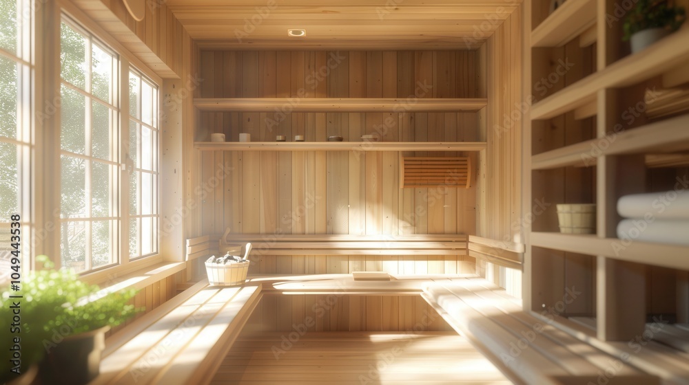 Poster wooden benches and shelves fill a traditional sauna that is warmly lit by sunlight, creating a calmi