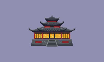 Traditional Chinese pagoda with sunset illustration
