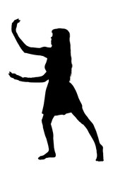A silhouette of a woman in a dress against a white background