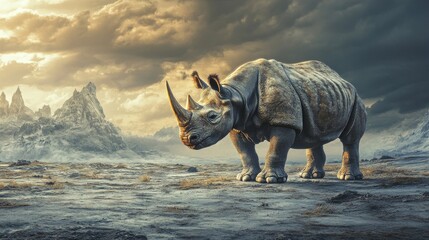 Fototapeta premium Powerful rhinoceros standing in a dramatic mountain landscape