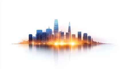 Obraz premium San Francisco skyline with illuminated buildings at sunset, silhouette style on a white background