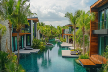 Fototapeta premium Modern residence with tiled pool in backyard, Luxurious real estate space and design