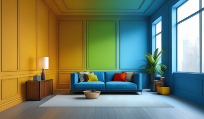 Fototapeta premium a brightly colored living room with a blue couch and a potted plant