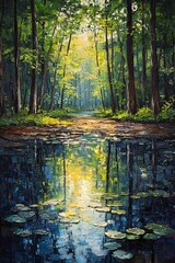 Obraz premium A serene wilderness scene sunlight filtering through trees onto a tranquil pond surrounded by lush greenery and lily pads