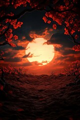 Stunning sunset through branches, vibrant red and orange hues in the sky.