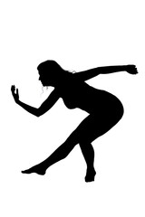 A graceful silhouette of a woman elegantly dancing on a white background