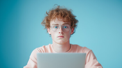 Young person with curly hair using a laptop, focused and thoughtful. Blue background and casual pink sweater. Modern technology concept.