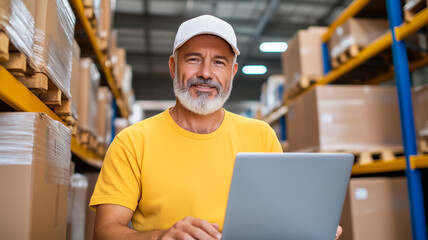 Smiling warehouse worker wearing a cap and yellow shirt using a laptop in a large storage facility with boxes and shelves in the background.