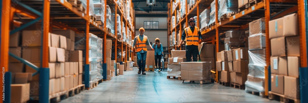 Poster dedicated workers are moving boxes and pallets efficiently in a warehouse stocked with various goods