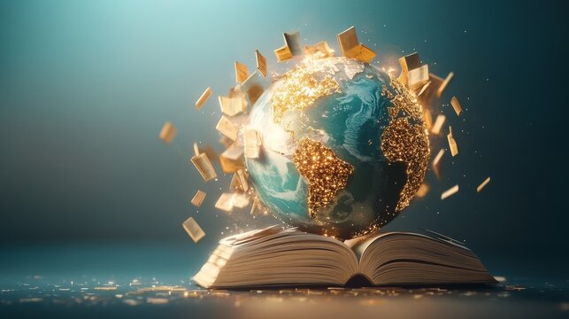 Global Education Network, a vibrant globe surrounded by interconnected books symbolizing universal access to knowledge and learning.