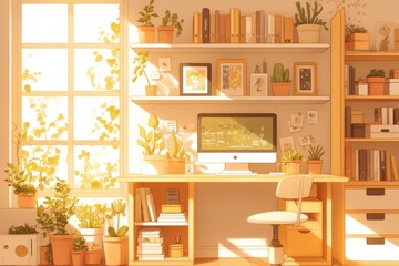 Illustration of a Cozy Home Office with Sunlight Streaming Through a Window