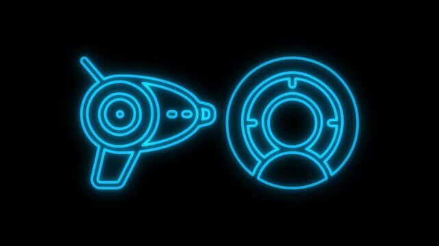 Glowing neon laser gun sign animation on a black background.