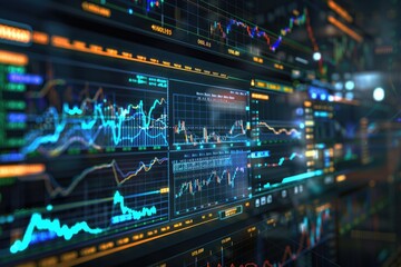 Obraz premium Holographic display featuring AI-driven stock market analysis and advanced financial tools with dynamic charts
