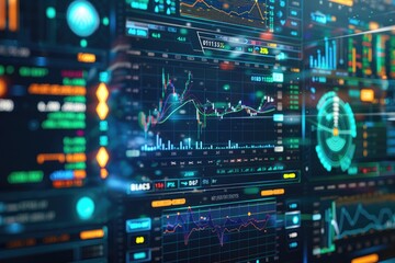 Futuristic interface displaying AI-driven stock market analysis with innovative financial tools and dynamic data trends