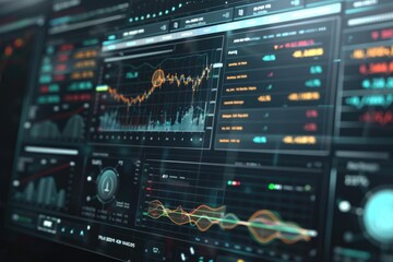 Fototapeta premium AI-driven stock market analysis on a sleek digital screen, showcasing advanced financial tools and dynamic charts