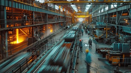 Fototapeta premium Workers in a steel mill with molten metal pouring and metal bars on a conveyor belt