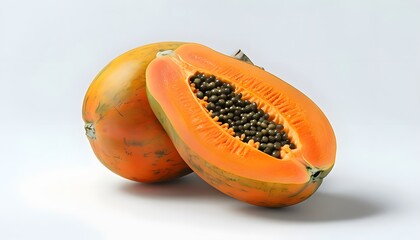 A whole papaya alongside a halved papaya displaying its vibrant orange flesh and a cluster of black seeds